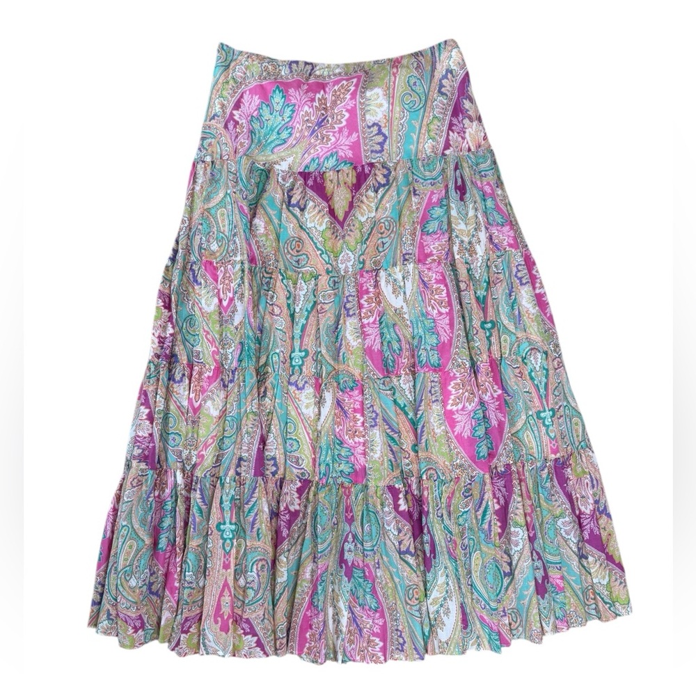 LAUREN RALPH LAUREN MULTI COLORED ABSTRACT PRINT COTTON MIDI SKIRT Size Small